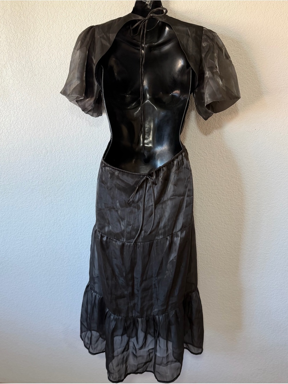 Whimsygoth Black Organza Puff Sleeve Open Back Midi Dress ✨